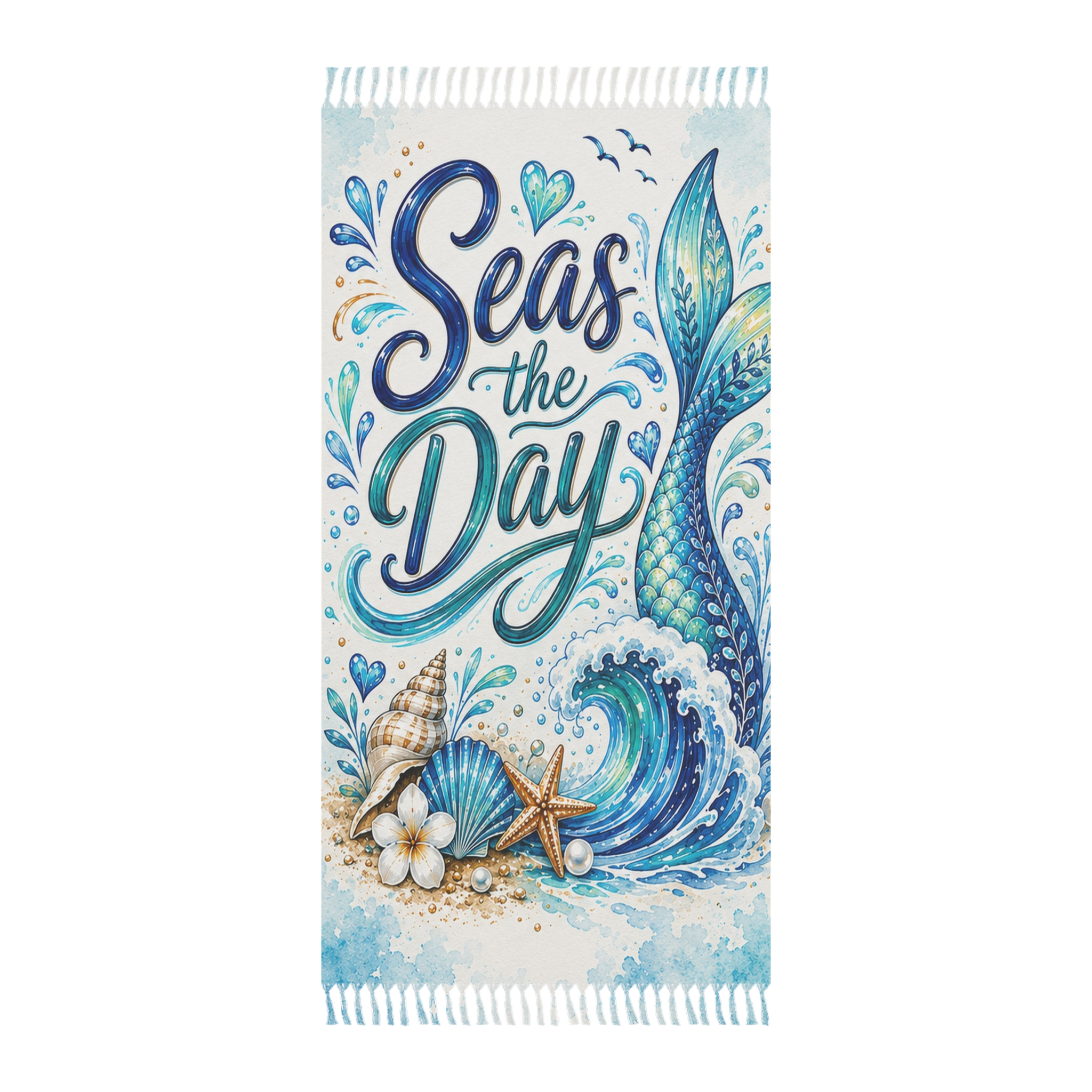 Seas the Day Boho Beach Towel — Mermaid Tail & Seashell Coastal Beach Blanket - Image 6
