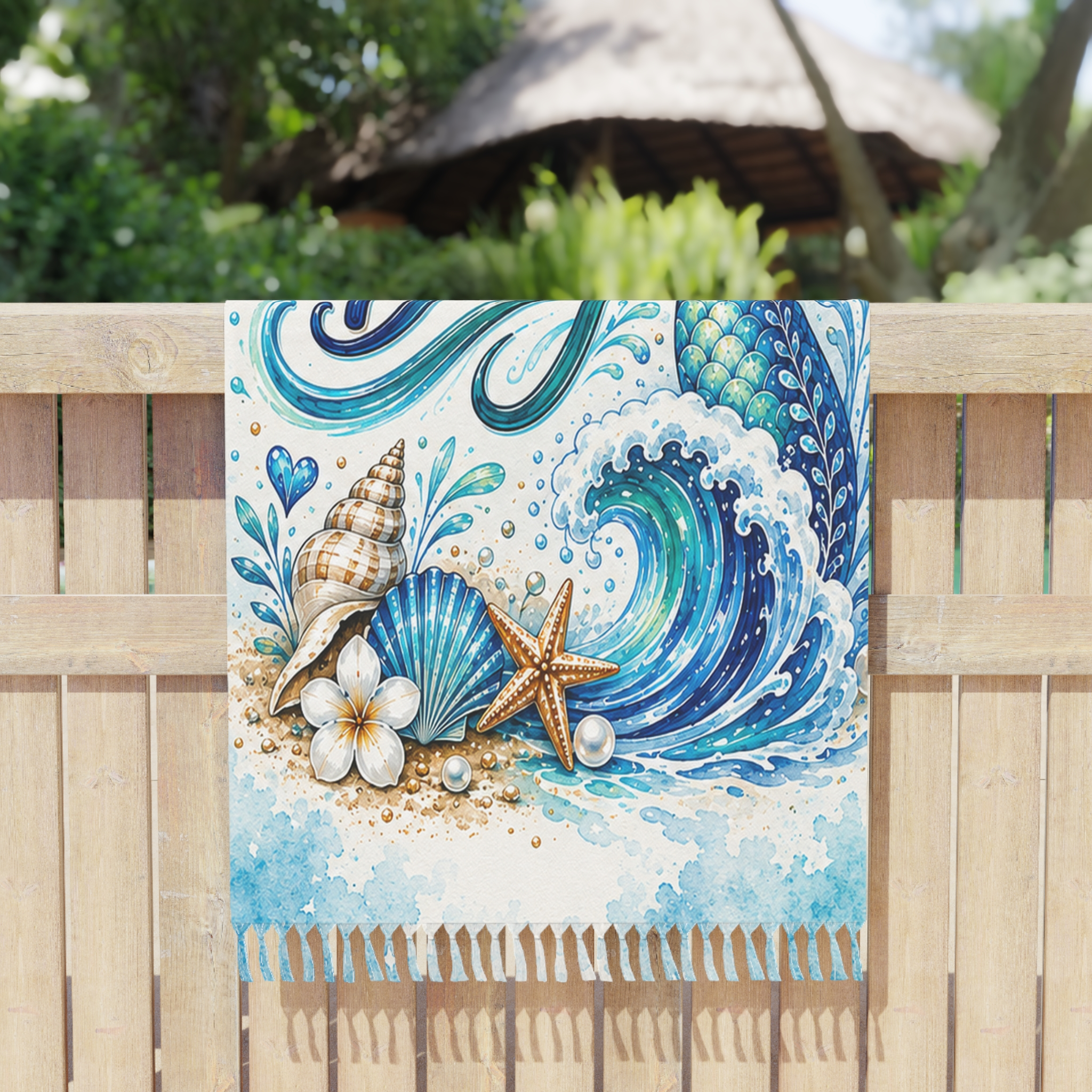Seas the Day Boho Beach Towel — Mermaid Tail & Seashell Coastal Beach Blanket - Image 5