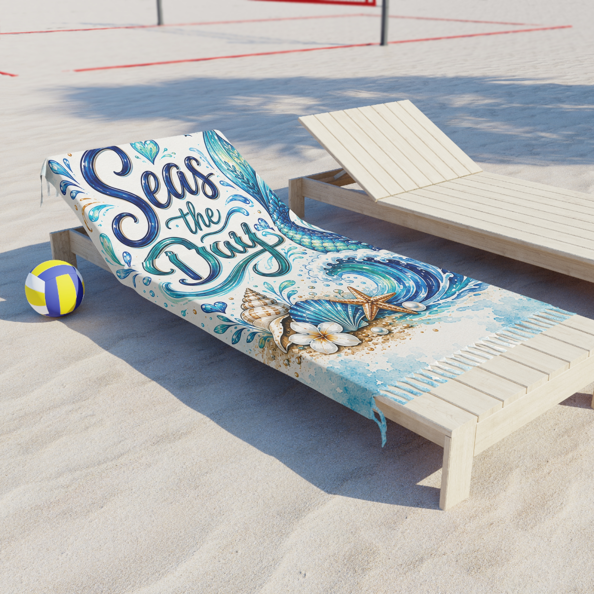Seas the Day Boho Beach Towel — Mermaid Tail & Seashell Coastal Beach Blanket - Image 2