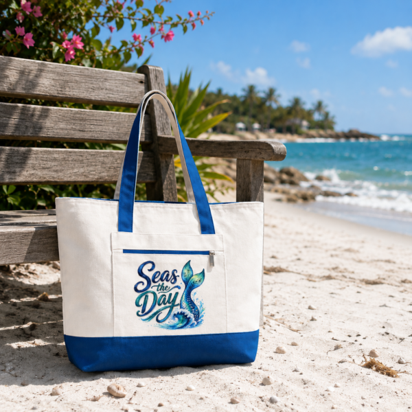 Sea the Day Canvas Tote — Mermaid Tail Beach Zippered Tote Bag
