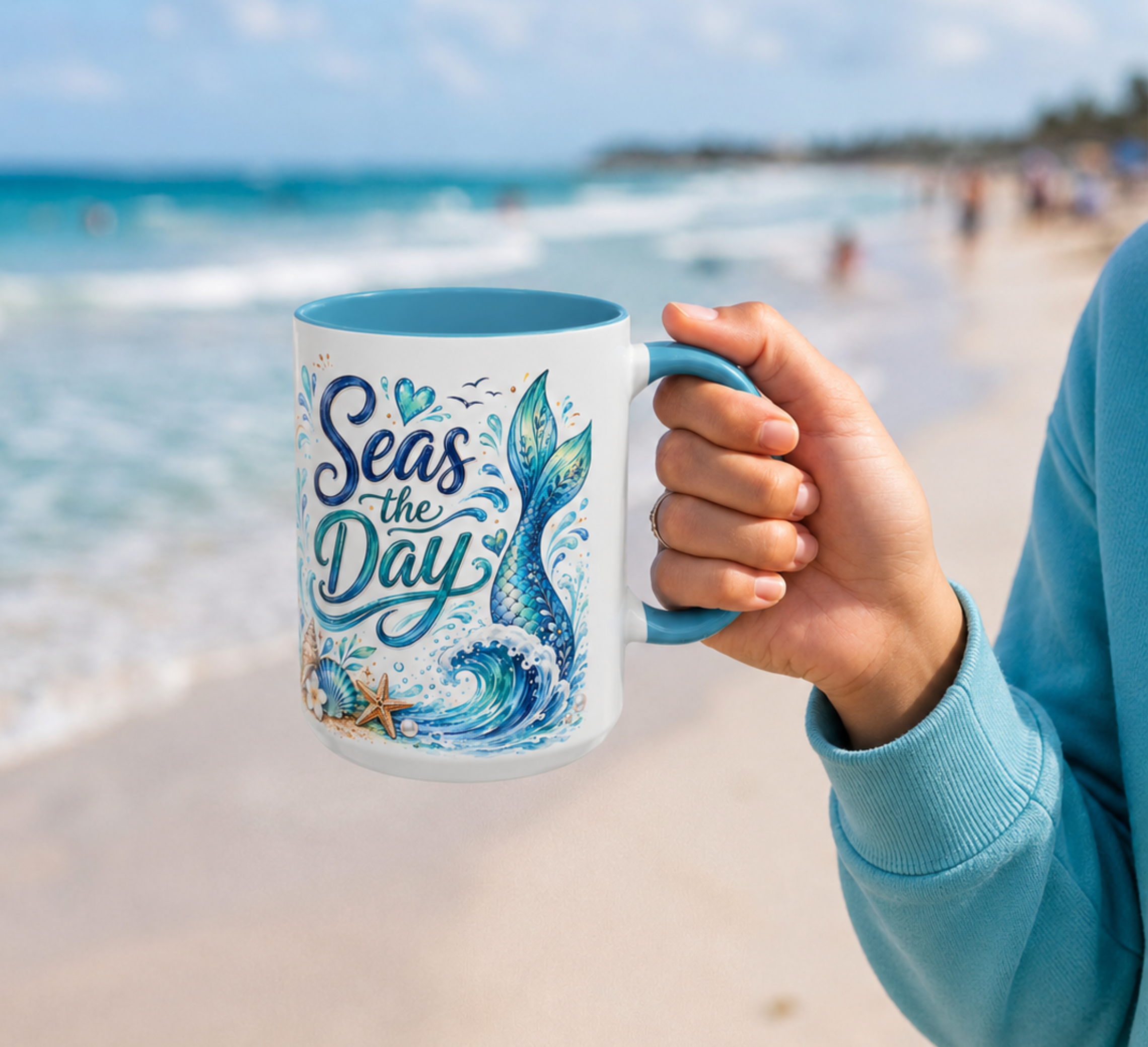 Seas the Day Coffee Mug — Nautical Mermaid Tail Beach Tea Cup (11/15oz)