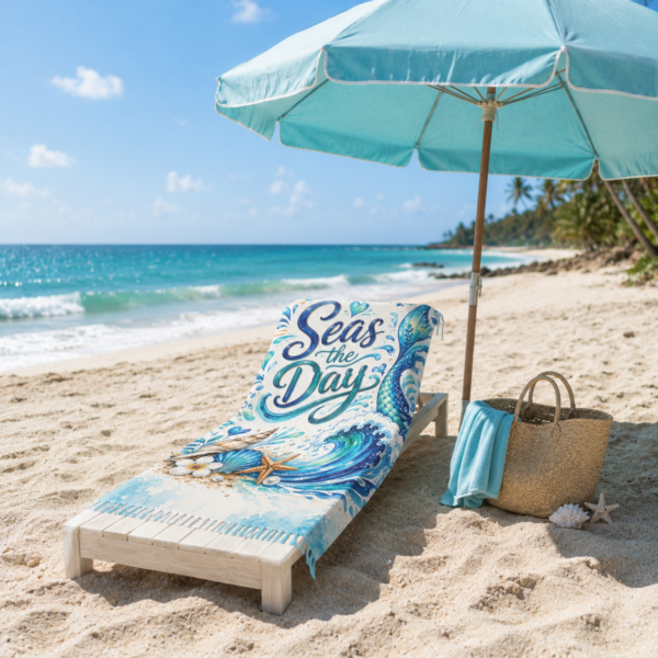 Seas the Day Boho Beach Towel — Mermaid Tail & Seashell Coastal Beach Blanket
