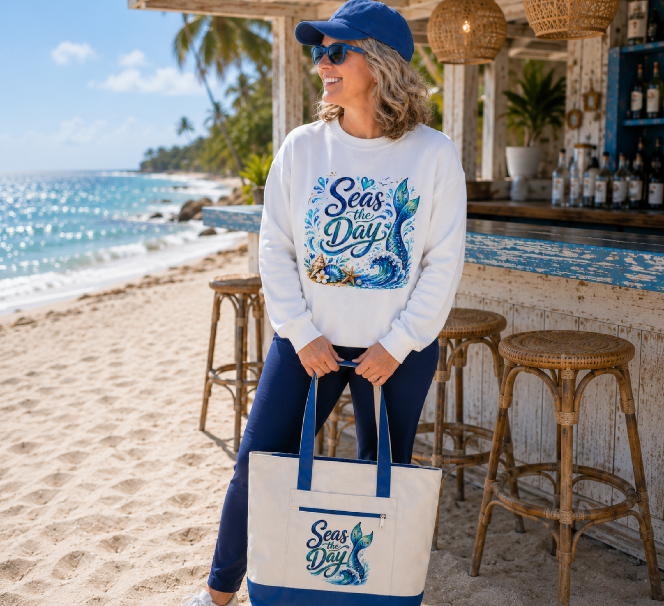 Sea the Day Canvas Tote — Mermaid Tail Beach Zippered Tote Bag - Image 2