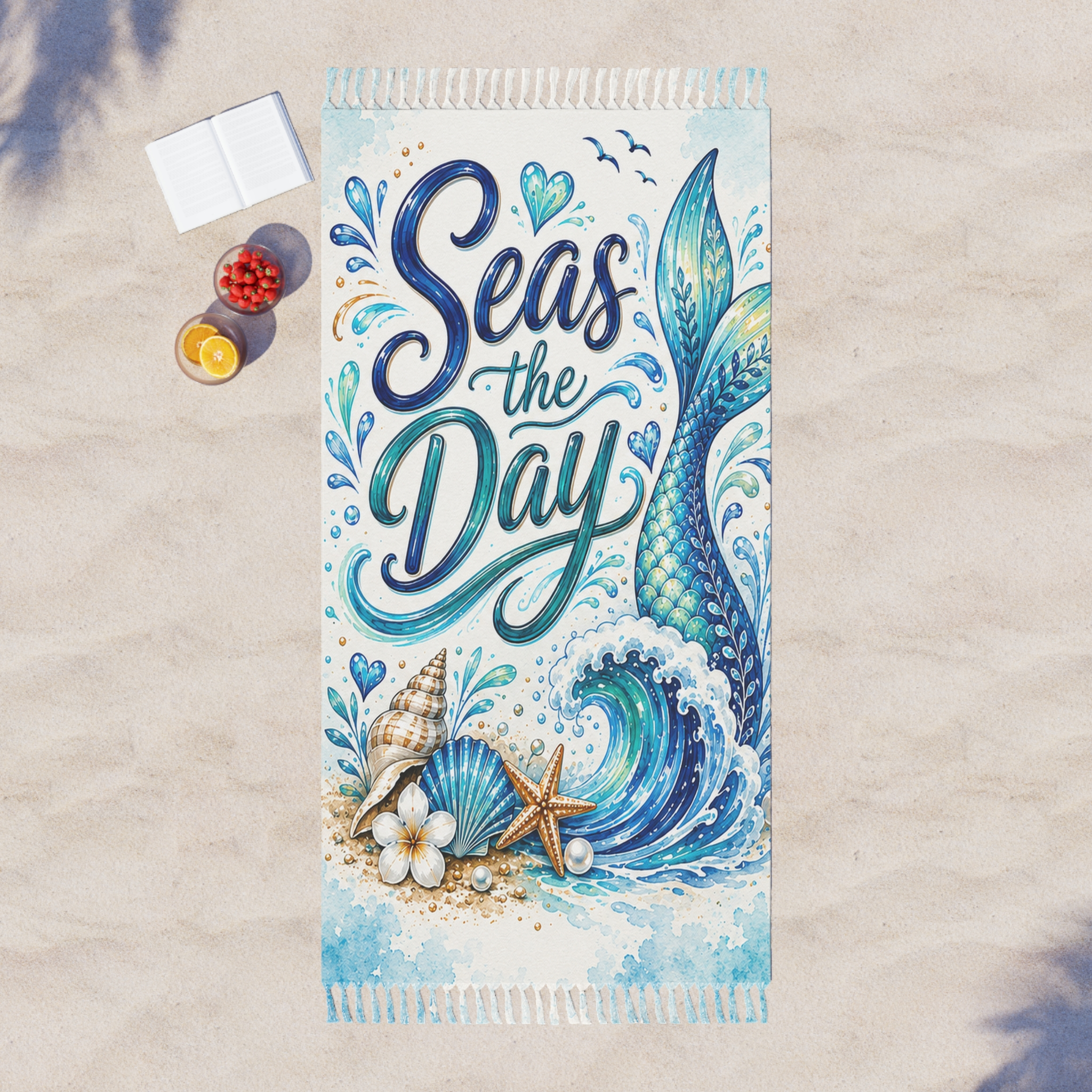 Seas the Day Boho Beach Towel — Mermaid Tail & Seashell Coastal Beach Blanket - Image 4